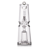 Turret Mini Dab Rig - Clear: A compact glass rig with turret percolator and fab egg design, featuring a quartz nail and mini-percolator for smooth dabbing.