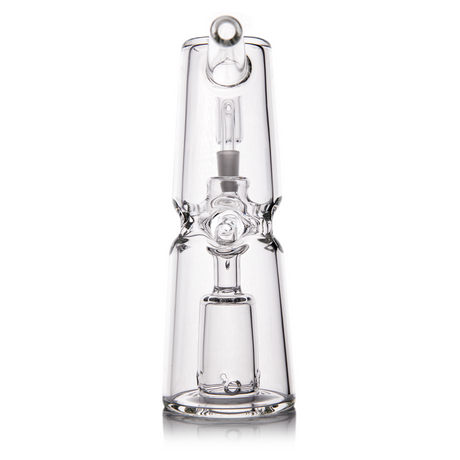 Turret Mini Dab Rig - Clear: A compact glass rig with turret percolator and fab egg design, featuring a quartz nail and mini-percolator for smooth dabbing.