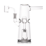 Turret Mini Dab Rig - Clear: Compact glass rig with turret percolator, horizontal mouthpiece, and quartz banger, designed for smooth cannabis extract vaporization.