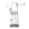 Turret Mini Dab Rig - Clear: Compact glass piece featuring a conical base, recycler loop, quartz banger, and turret percolator for smooth, flavorful vapor filtration.