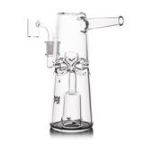 Turret Mini Dab Rig - Clear: Compact glass piece featuring a conical base, recycler loop, quartz banger, and turret percolator for smooth, flavorful vapor filtration.