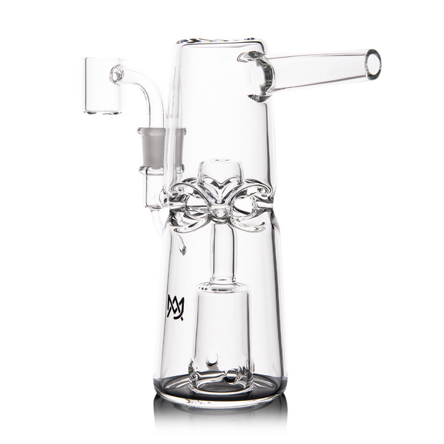 Turret Mini Dab Rig - Clear: Compact glass piece featuring a conical base, recycler loop, quartz banger, and turret percolator for smooth, flavorful vapor filtration.