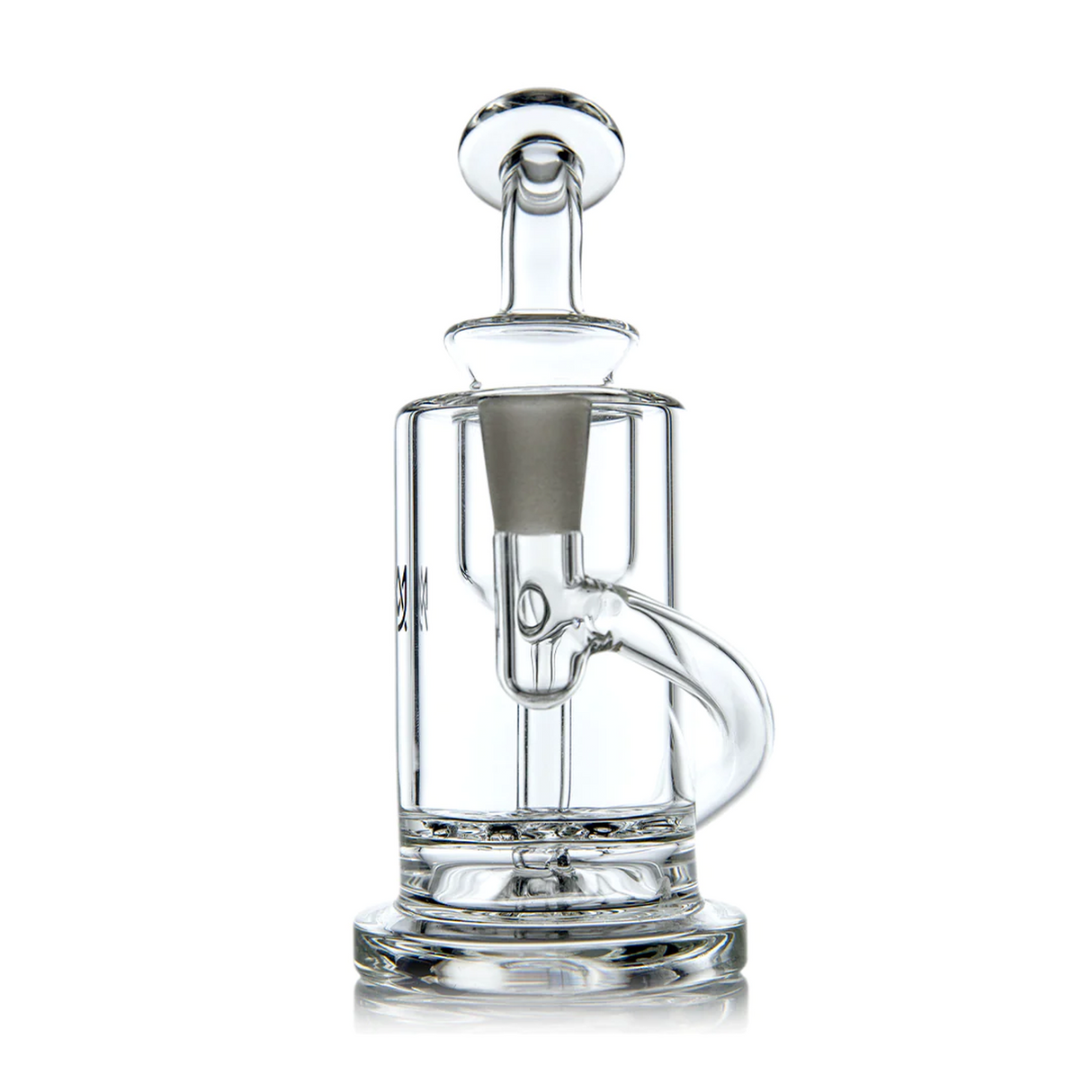 Ursa Mini Dab Rig - Clear: Compact glass rig with multi-chamber design, bent mouthpiece, discus percolator. Handcrafted borosilicate construction for efficient filtration and smooth dabbing.