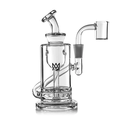Ursa Mini Dab Rig - Clear: A compact glass rig with a percolator, angled mouthpiece, bent joint with quartz banger, and sturdy base for smooth vaporization.