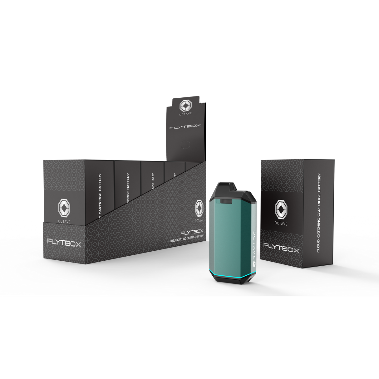 FLYTBOX 510 Battery display, featuring OCTAVE-branded cartridge boxes and a teal rechargeable battery with glowing accent, highlighting its discreet vaping technology and sleek design.