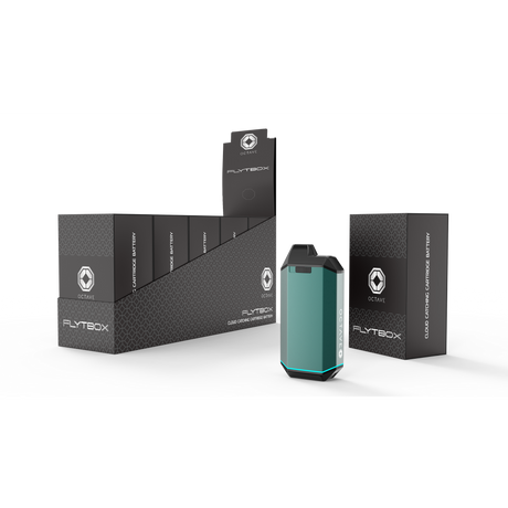 FLYTBOX 510 Battery display, featuring OCTAVE-branded cartridge boxes and a teal rechargeable battery with glowing accent, highlighting its discreet vaping technology and sleek design.