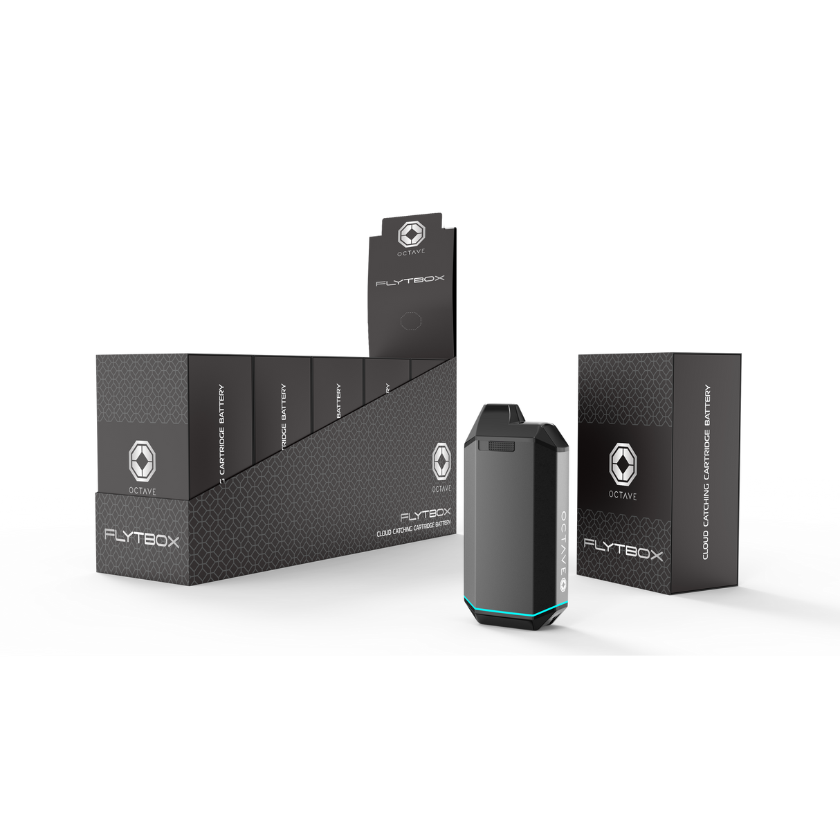 Octave FLYTBOX 510 Battery: Hexagonal-prism design with subtle teal accent, OCTAVE logo, alongside branded packaging and display boxes for discreet, odor-free vaping.