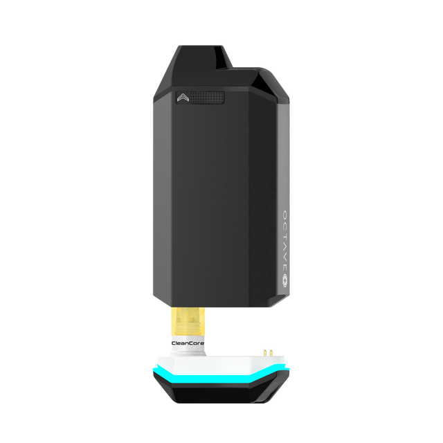 FLYTBOX 510 Battery render shows a sleek, modular vape device with an OCTAVE-branded top, CleanCore filter, and LED-lit docking base.