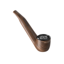 Wooden smoking pipe with black lid, labeled MYSTER. Integrated PYPE PRO battery offers voltage control and LED display for customized vaping sessions.