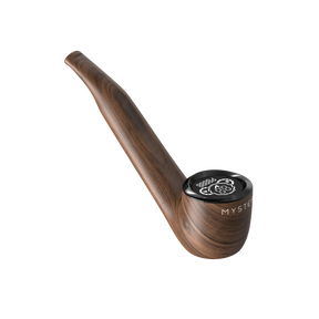 Wooden smoking pipe with black lid, labeled MYSTER. Integrated PYPE PRO battery offers voltage control and LED display for customized vaping sessions.