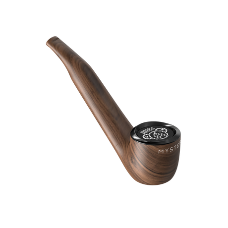 Wooden smoking pipe with black lid, labeled MYSTER. Integrated PYPE PRO battery offers voltage control and LED display for customized vaping sessions.