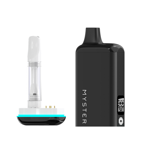SlickBox V2 510 Battery: Two-piece vaporizer with branded rechargeable mod and refillable pod/coil cartridge, featuring LCD display and multiple voltage settings.