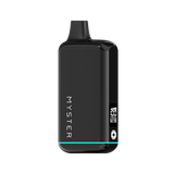 SlickBox V2 510 Battery: A glossy black, pocket-sized vape with OLED screen, built-in mouthpiece, teal accent, and MYSTER branding vertically.