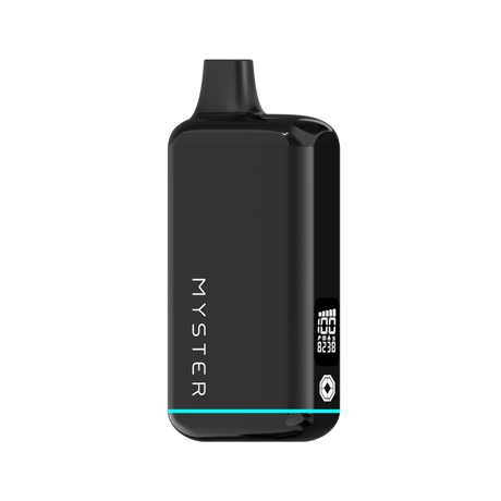 SlickBox V2 510 Battery: A glossy black, pocket-sized vape with OLED screen, built-in mouthpiece, teal accent, and MYSTER branding vertically.