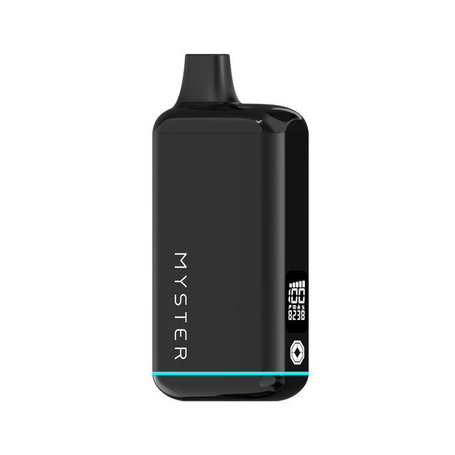 SlickBox V2 510 Battery: A glossy black, pocket-sized vape with OLED screen, built-in mouthpiece, teal accent, and MYSTER branding vertically.