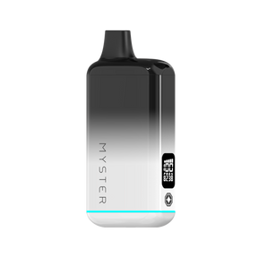 SlickBox V2 510 Battery - pocket-sized vape with LCD display, vertical MYSTER print, teal LED base, mouthpiece, and 100% battery indicator on screen.