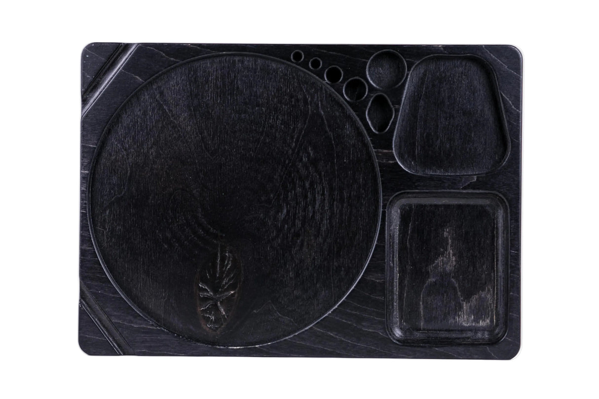 Blazy Susan Dab Tray: Dark-stained wooden serving board with multi-compartment design, featuring wells for main course, sides, and sauces, ideal for organized setups.