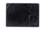 Blazy Susan Dab Tray: Dark-stained wooden serving board with multi-compartment design, featuring wells for main course, sides, and sauces, ideal for organized setups.