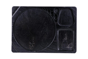 Blazy Susan Dab Tray: Dark-stained wooden serving board with multi-compartment design, featuring wells for main course, sides, and sauces, ideal for organized setups.