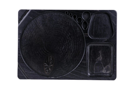 Blazy Susan Dab Tray: Dark-stained wooden serving board with multi-compartment design, featuring wells for main course, sides, and sauces, ideal for organized setups.