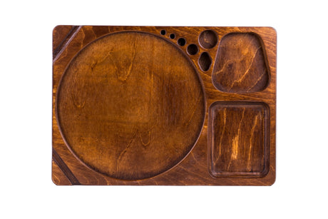 Blazy Susan Dab Tray: Birch wood tray with large circular well, three varied-shaped wells, and five small holes for organized snack serving or item arrangement.