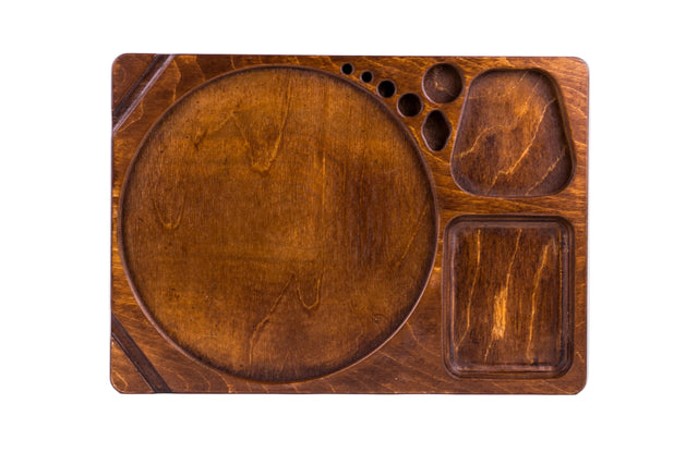 Blazy Susan Dab Tray: Birch wood tray with large circular well, three varied-shaped wells, and five small holes for organized snack serving or item arrangement.