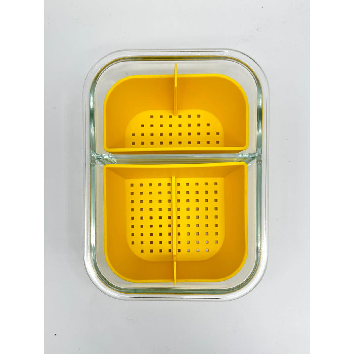 Banger Basket: A yellow plastic container with perforated baskets for dabbing tool cleaning, featuring a handle and sealable lid for convenience and odor control.