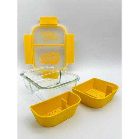 Banger Basket with sealable lid and dual compartments, featuring molded baskets with dividing ridge for easy cleaning of dabbing tools.