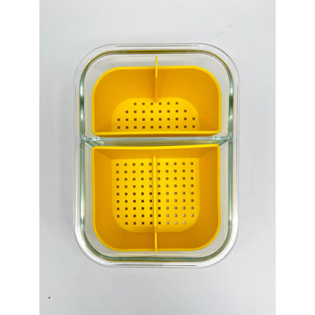 Banger Basket for dabbing, featuring two yellow plastic compartments with perforated surfaces, designed for cleaning tools efficiently with a convenient handle.