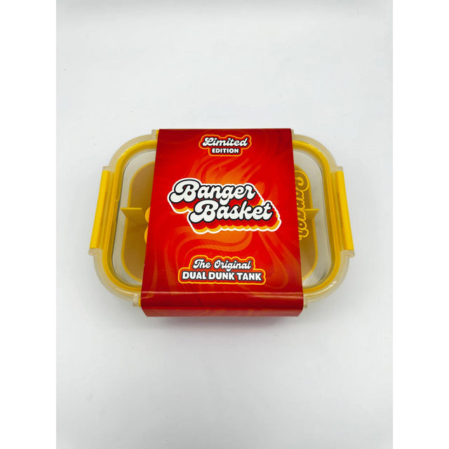 Banger Basket container with sealable lid, two compartments, and red label, designed for cleaning dabbing tools efficiently with included banger baskets.