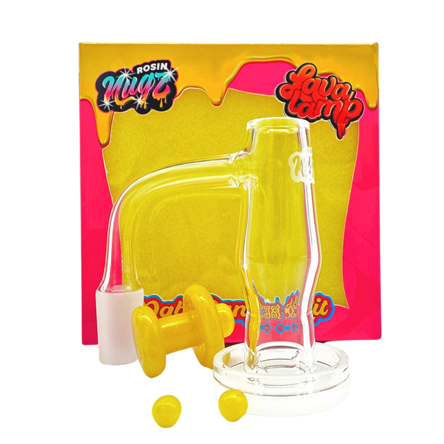 Lava Lamp Quartz Banger Kit with unique shape, includes terp pearls and carb cap, crafted from quartz for smooth heat distribution and optimal dabbing performance.