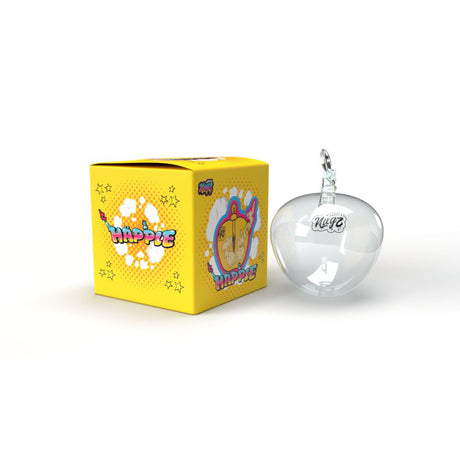 NUGZ HAPPLE pipe shown with a clear glass apple design and accompanying yellow box with cartoon graphics, highlighting its elegance and sophistication.