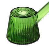 Close-up of the Deco Bubbler, showcasing its ribbed, translucent green glass and elegant spout, embodying Art Deco elegance and modern precision in design.