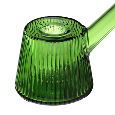 Close-up of the Deco Bubbler, showcasing its ribbed, translucent green glass and elegant spout, embodying Art Deco elegance and modern precision in design.