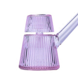 Deco Bubbler: Transparent purple, rib-textured glass pipe with fluted water chamber, ergonomic angled mouthpiece, showcasing Art Deco elegance and modern design.