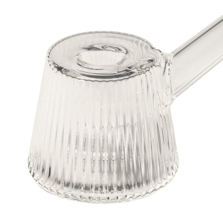 Deco Bubbler: A clear, fluted-glass pouring vessel with a ribbed pattern, side spout, and circular opening, blending Art Deco elegance with modern functionality.