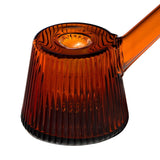 Close-up of Deco Bubbler, a ribbed glass vessel with a long spout, showcasing its vintage Art Deco elegance and modern functionality.