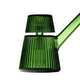 Translucent green Deco Bubbler, rib-textured glass watering can with long spout, matching lid; blends Art Deco elegance with modern utility.