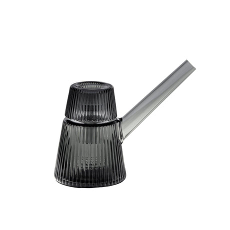 Deco Bubbler, a ribbed, fluted glass water pipe with a straight mouthpiece and top bowl, merges vintage Art Deco style with modern functionality.
