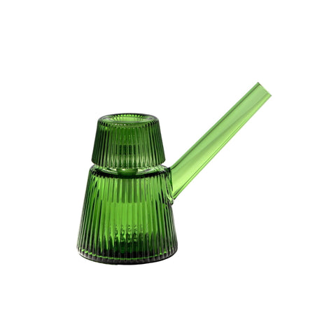 Deco Bubbler: A rib-textured, green glass vessel with two conical chambers and a long spout, embodying ergonomic Art Deco elegance for refined water filtration.