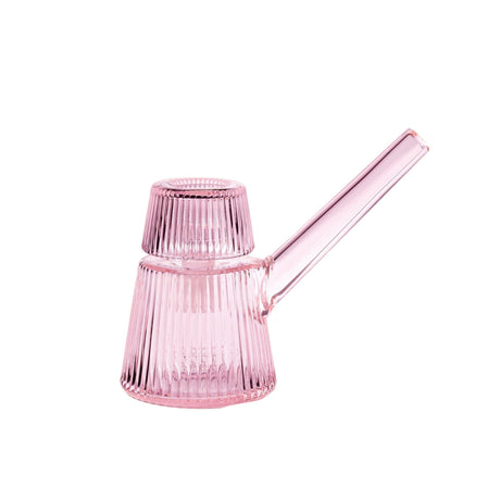 Deco Bubbler: A sculptural pink, ribbed glass vessel with a flared base, tapered top, matching lid, and a side spout, embodying Art Deco elegance and modern precision.