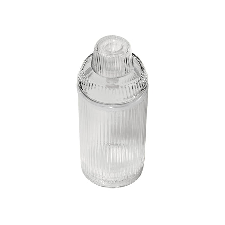 Deco Gravity Bong, a clear, ribbed-glass cocktail shaker style, showcasing vintage Art Deco elegance and modern performance, crafted from premium borosilicate glass for smooth gravity-powered hits.