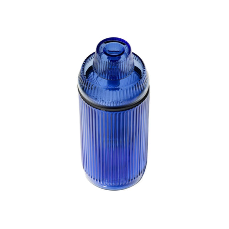 Deco Gravity Bong in cobalt-blue ribbed glass with matching lid; combines Art Deco elegance and modern functionality, crafted from premium borosilicate glass.