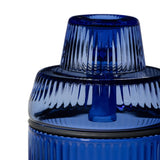 Cobalt-blue Deco Gravity Bong with ribbed glass, featuring a lid with square knob and rubber seal, showcasing its Art Deco-inspired design and modern functionality.