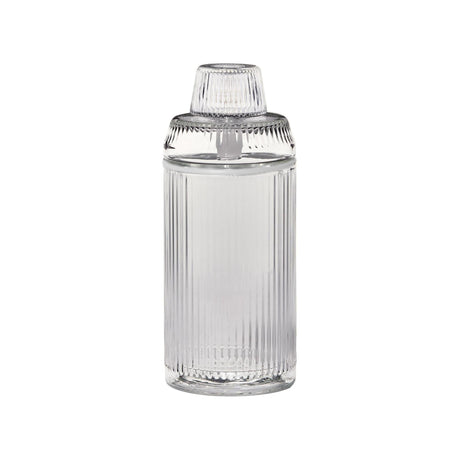 Deco Gravity Bong: A tall, cylindrical clear glass container with fluting, topped by a ribbed lid. Combines Art Deco elegance with modern gravity-powered functionality.