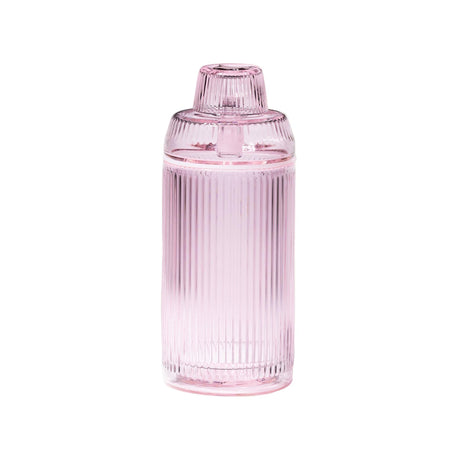 Translucent pink, ribbed glass Deco Gravity Bong, showcasing Art Deco elegance with a matching lid, crafted from premium borosilicate glass for smooth, gravity-powered performance.