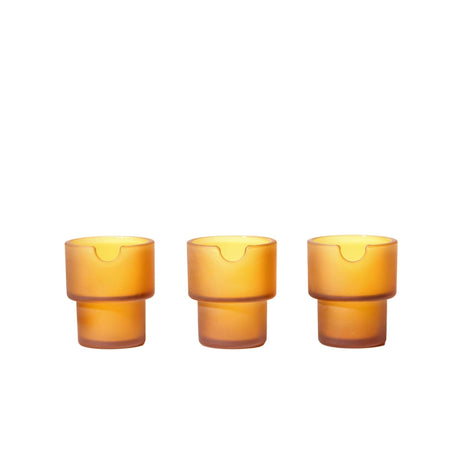 Flower Pots Ashtray Set: Three amber frosted-glass vessels with pour spouts, stackable design; combine tactile texture and smooth interiors for functional, minimalist décor.