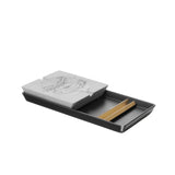 Roseland Tray Set with a rectangular whetstone in a black tray and wooden angle guides, designed for efficient knife sharpening and modern functionality.