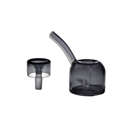 Vesper Bubbler: Two-piece grey-tinted borosilicate glass setup with a globular water chamber and removable bowl, showcasing a compact, elegant design for smooth, water-filtered smoking.