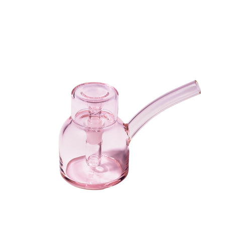 Vesper Bubbler: A compact, pink-tinted glass water pipe with a rounded chamber, downstem, and bent mouthpiece, showcasing modern design and effortless functionality.